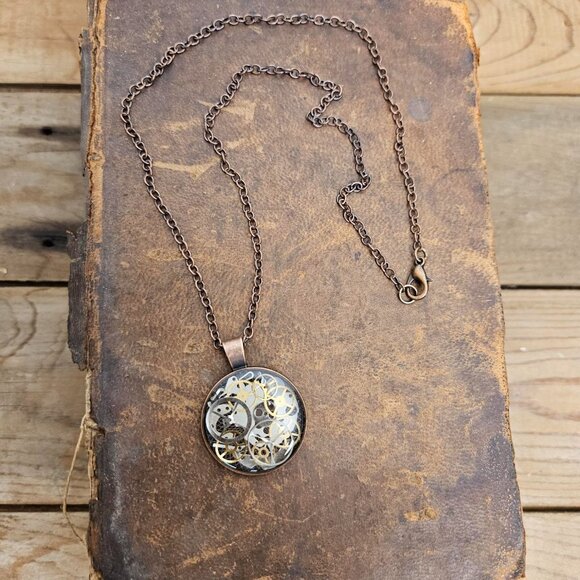 Steampunk Copper Pendant Necklace Made with Genuine Watch Parts & Gears on Chain - Picture 6 of 7